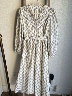Cream Midi Dress with Blue Floral Print and Self-Tie Waist